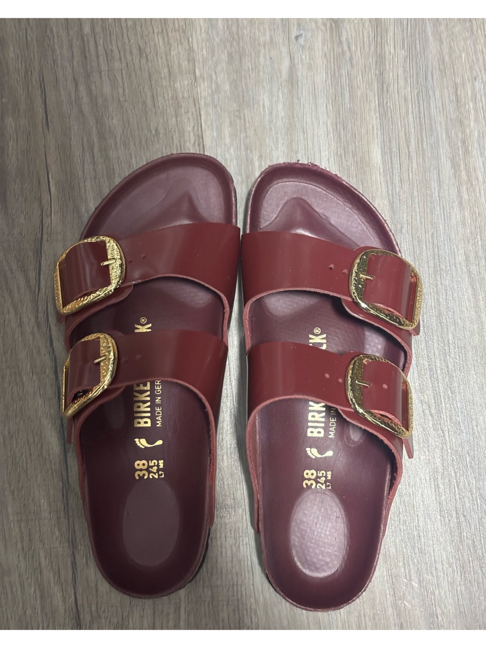 Birkenstock Double Buckle Slide Sandal - Burgundy with Gold Buckles